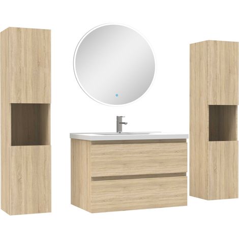 Ensemble meubles Salle de Bain avec colonne et miroir rond mural 80cm meuble Chêne Wotan