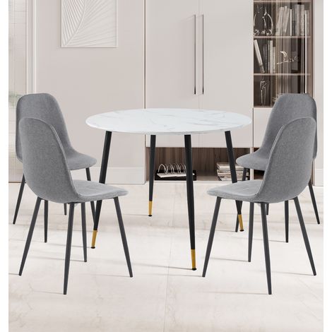 Hallowood Furniture Finley Round Dining Table and Chairs Set 4, White Marble Effect Table Top Small Table and Chairs in Dark Grey Fabric, Modern Dining Room Sets for Home and Café (1/5)