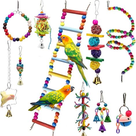 1 jouet pour oiseaux, balançoire, hamac, échelle d'escalade, jouet à mâcher suspendu, bois multicolore, pour perruches ondulées et petits oiseaux (1/5)