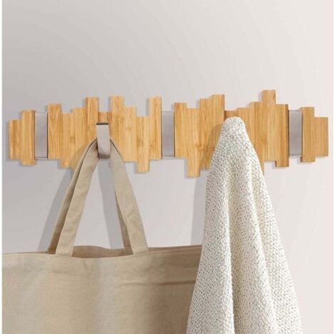 Hölzerner Wandgarderobe - Kleiderhaken mit 5 klappbaren Metallhaken für Mäntel, Jacken, Hüte, Taschen, Flur, Schlafzimmer, Badezimmer 40 cm (1/5)