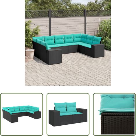 Gartenmöbel - 9-teiliges Gartensofa-Set mit Kissen, schwarzes Polyrattan (1/5)