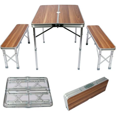 Mesa maleta plegable de aluminio 2 bancos mesa camping acabado 90 cm en madera barbacoa fiesta 160002497