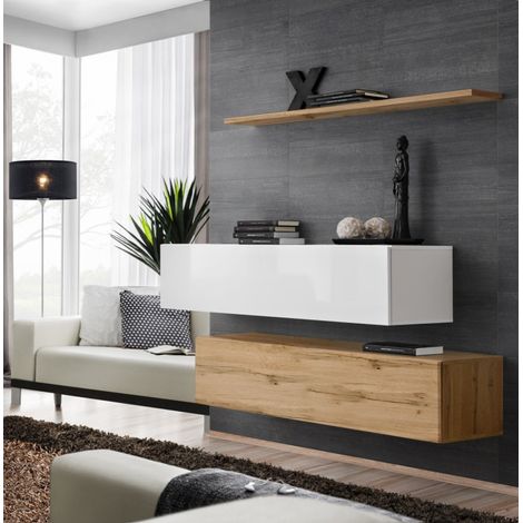 Lot de 2 Bancs Muraux & Étagère "Switch SBII" 130cm Naturel & Blanc (1/3)