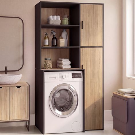 Mueble de lavadero para lavadora o secadora WALLIS con estantes y armario de almacenamiento en negro y madera