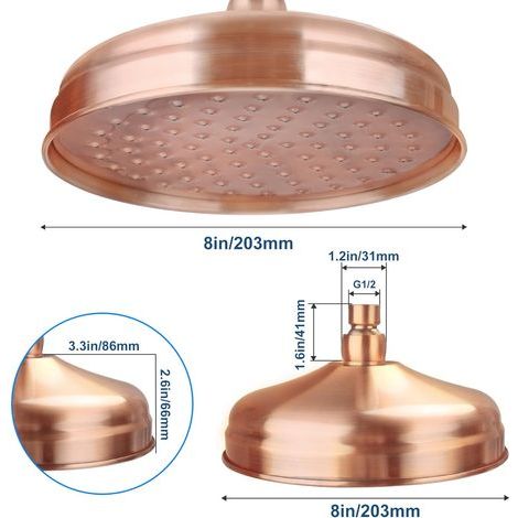 Pommeau de douche en cuivre rouge antique rond de 8 pouces, tube d'extension de pommeau de douche à effet pluie, bras mural, accessoires de salle de bain (1/3)