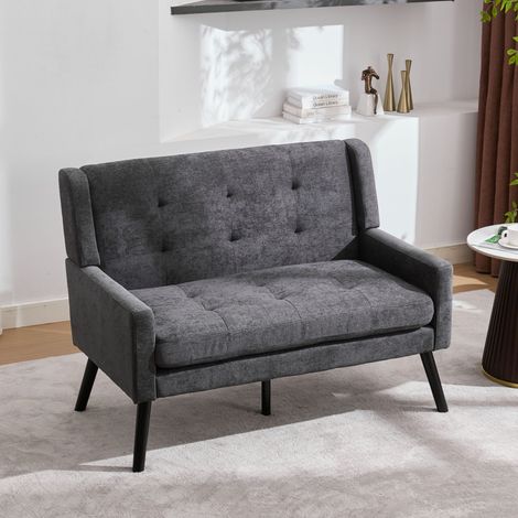 Banc, en bois et lin, 2 places, pour maison et usage quotidien, style boutonné élégant pour intérieur, coussins mousse dense