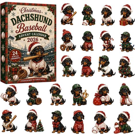 24-teiliger Dackel-Baseball-Adventskalender – flache 2D-Weihnachtsbaumkugeln aus Acryl für Tier- und Sportfans (1/5)