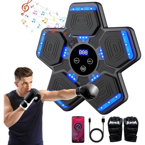 Machine de boxe musicale intelligente Bluetooth avec gants, 5 modes de vitesse et comptage de la musique, équipement d'entraînement de boxe mural à DEL, chargement USB pour enfants et adultes (1/5)