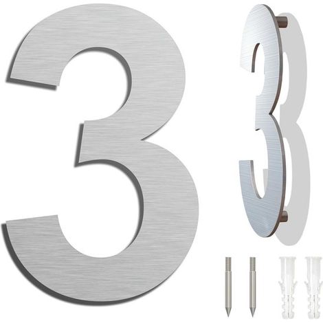 Hausnummer aus Edelstahl，25,4 cm，Nummer 3，Schwebende Hausnummer，Hausnummer aus Metall，Hausnummer für den Außenbereich，3D-Hausnummer，Silber (1/5)