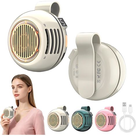 2 Pack Portable Silent Mini Bladeless Fan Clip On, 5-Speed Wearable Fan with HD Display for Shirt, Waist, Outdoor, Travel & Office,Beige (1/5)