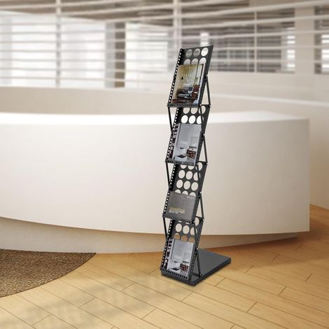 Gojoy – Présentoir à prospectus pliable 4 niveaux – Support A4 en fer – Montage au sol – Étagère à magazines inclinée – Grande capacité 5 kg par niveau