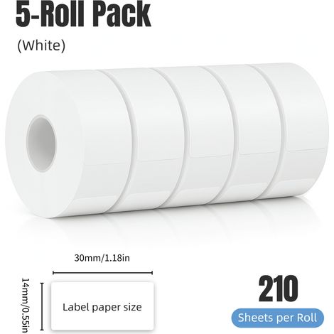 Lot de 5 rouleaux de papier étiquette thermique : étiquettes blanches standard de 30 mm, 210 feuilles par rouleau, recharge auto-adhésive, sans encre et imperméable pour étiqueteuse (1/5)