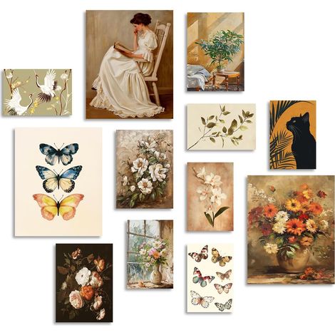 Affiche de Décoration Murale Vintage Eclectique, Poster Rustique Fleur Papillon en Toile pour Chambre Salon Décoration Non Encadré Set de 12 (1/5)