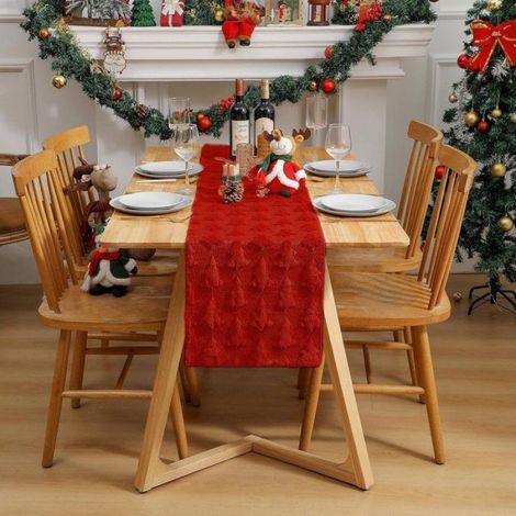 Chemin de table rouge doux et moelleux en jacquard - Décoration de table festive pour les fêtes à la maison - Rouge (1/2)