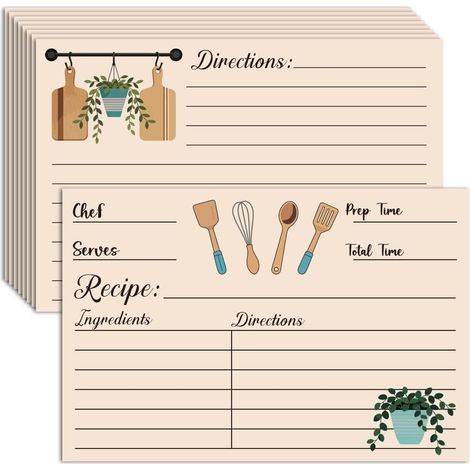 Lot de 50 Cartes de Recettes 4 x 6 Pouce Fiches Recettes à Remplir Design Plantes et Ustensiles de Cuisine Cartes de Recettes Recto Verso Papier Cartonné Épais pour Carnet de Cuisine (1/5)