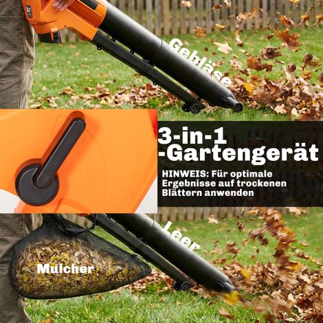 Souffleur et aspirateur de feuilles électrique 3-en-1 3000W, sac collecteur 40L, 4 roues, sangle ajustable, orange