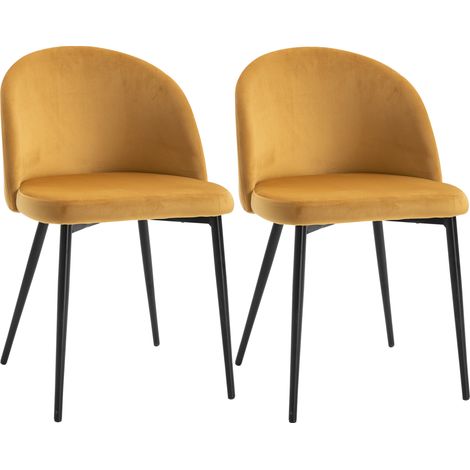Lot de 2 chaises scandinaves en velours rembourré jaune, pieds métalliques effilés, idéales pour cuisine, salon ou salle à manger. (1/5)