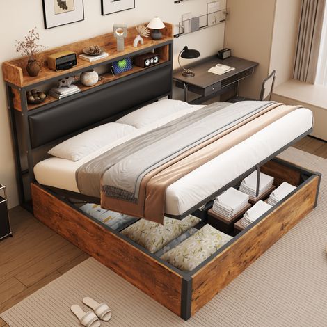 Letto con contenitore metallo e legno nero 180x200 cm con testiera imbottita, alzata idraulica e USB (1/5)