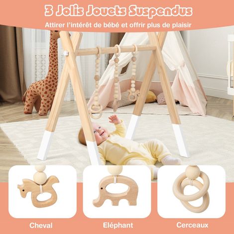 Wooden Baby Gym, Foldable Play Frame with 3 Hanging Toys (1/5)
