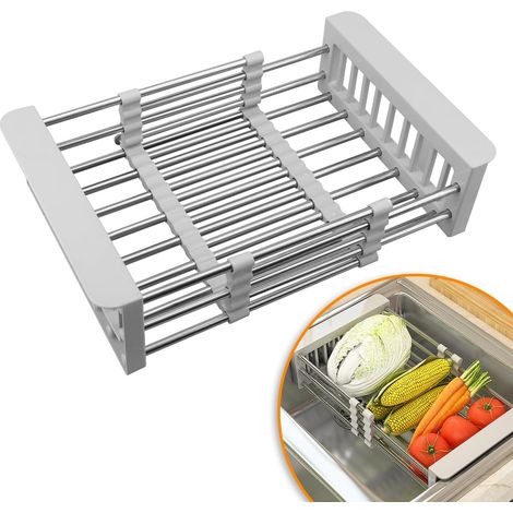 Sollbry Escurreplatos extensible de acero inoxidable para colocar sobre el fregadero con brazos ajustables. Ideal para colocar en el fregadero o sobre la encimera. (1/5)