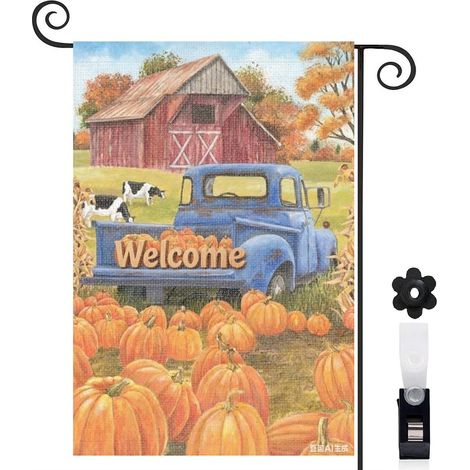 Drapeau de jardin bienvenue 30 x 45 cm motif camion vintage et citrouilles décoration automne toile double face extérieure (1/5)