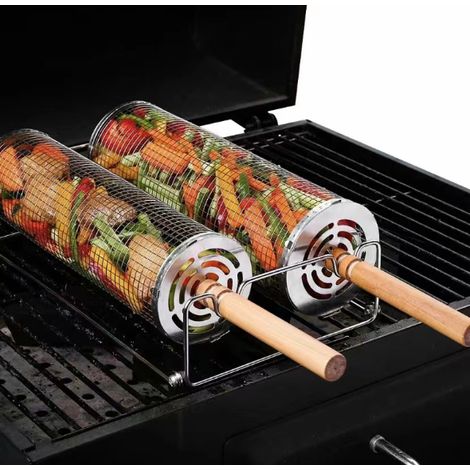 Paquete de 2 cestas para parrilla de acero inoxidable con asas de madera extraíbles, cesta para parrilla rodante con accesorios para parrilla de acero inoxidable para exteriores (1/5)