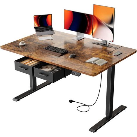 Steh- und Sitzschreibtisch - EcoFurnix - 120x80 cm höhenverstellbar 72-117 cm - Eingebaute Steckdosen & 3 USB (USB-C) - 2 Schubladen, Nussbaum (1/5)