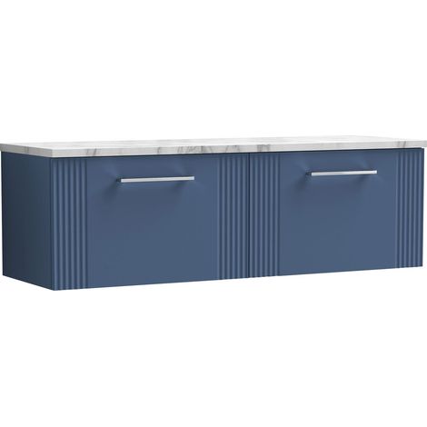 Nuie Deco Wall Hung 2-Drawer Vanity Unit with Carrera Marble Worktop 1200mm Wide - Satin Blue (1/4)