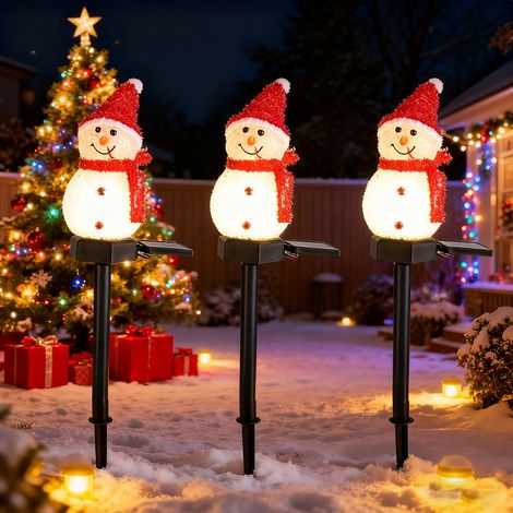 Lot de 3 lumières solaires de Noël en forme de bonhomme de neige avec piquet, Lampes de Noël d'extérieur étanches pour allées, Décorations de Noël (1/5)