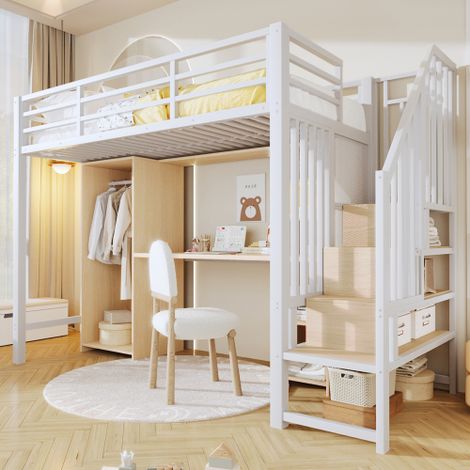 Hochbett 90 x 200 cm - Eisenrahmen - mit Stauraum - mit Kleiderschrank + Schreibtisch - Weiß (Matratze nicht im Lieferumfang enthalten)