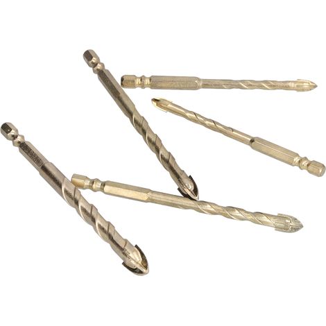 Set mit 5 Kreuzkopfbohrern, Sechskantschaft, für Fliesen, Beton, Glas, Gold, Multifunktionsbohrer. (1/5)