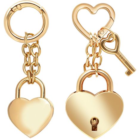 Set di 2 ciondoli a forma di cuore dorati per borse, accessori moda da donna, graziosi portachiavi decorativi adatti a zaini e borsette. (1/5)