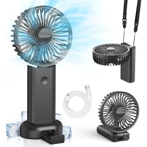 Timiyou Handventilator Mini Tragbarer USB-Lüfter mit 3000mAh Akku – Faltbar, Wiederaufladbar, 90° Verstellbar, 3 Geschwindigkeiten, Mit Sockel und Umhängeband für Zuhause, Büro, Reisen, Camping (1/5)