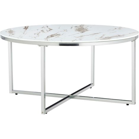 Table Basse LORIE Ronde Plateau Verre Trempé Marbré Blanc Structure Métal Chrome D90x45cm (1/5)