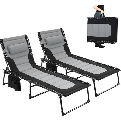 2PCS Sun Lounger Folding Garden Recliner Chair Camping Bed Relaxer Beach Chair Black (1/5)