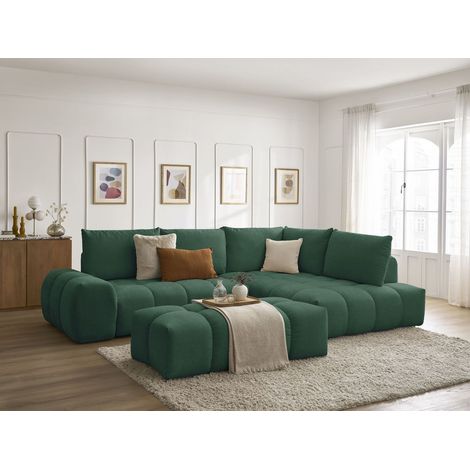 BOBOCHIC - Canapé d'angle L convertible coffre EVEREST tissu texturé avec pouf Angle droit Vert (1/5)