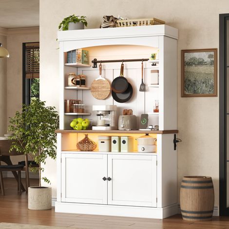 Mueble de cocina de 183 cm con LED y enchufe, armario alto de almacenamiento, blanco OKMYHOME (1/5)