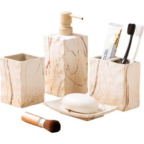 Ensemble d’Accessoires de Salle de Bain 4 pièces en céramique avec Porte-Brosse à Dents, Distributeur de Savon, gobelet, Porte-Savon - Marron marbré (1/5)