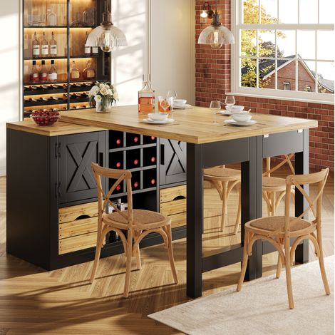 MODFU – Table extensible 120-197x40x72 cm MDF – Plateaux pivotants 360° et buffet – Charge 60 kg – Cuisine – Noir (1/5)