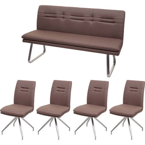 [NON UTILIZZATO] Set panca con 4x sedie sala pranzo soggiorno cucina HHG-922 tessuto acciaio inox marrone 160cm