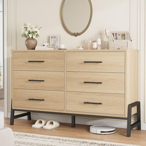 Commode 6 tiroirs chêne naturel 40x132x81 cm, grand tiroir spacieux, meuble en bois sur pied pour chambre, salon et entrée (1/5)