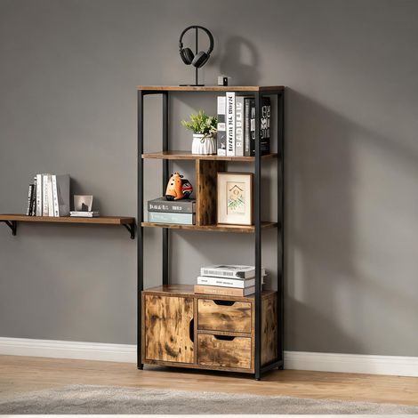 Étagère haute industrielle noir et bois vieilli avec rangements (1/5)