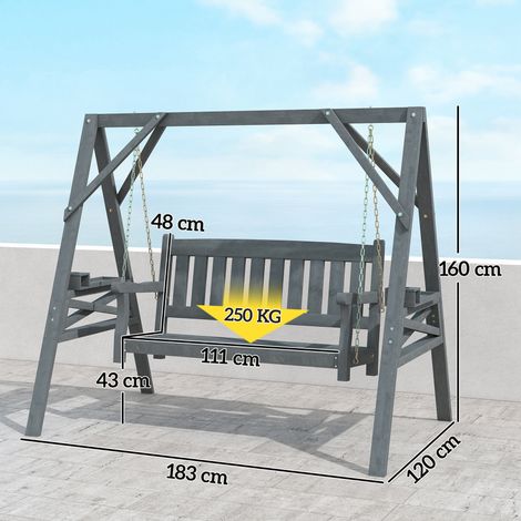 Balançoire de jardin 2 places, banc-balançoire en bois avec étagères, porte-gobelets et chaînes métalliques, grise (1/5)
