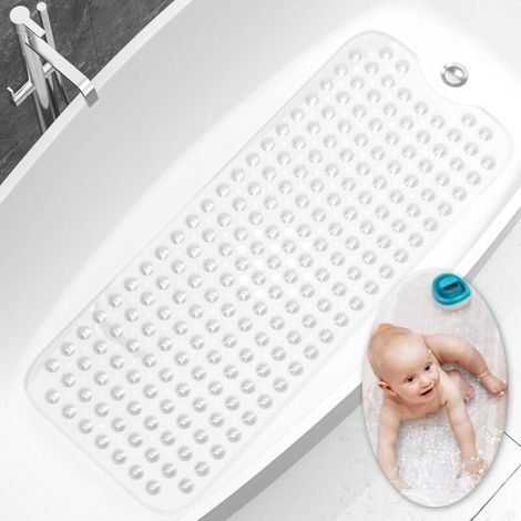 Non-slip bathroom mat, 100x40 cm, extra long and durable (transparent), safe and non-slip, antibacterial design, with strong suction cups