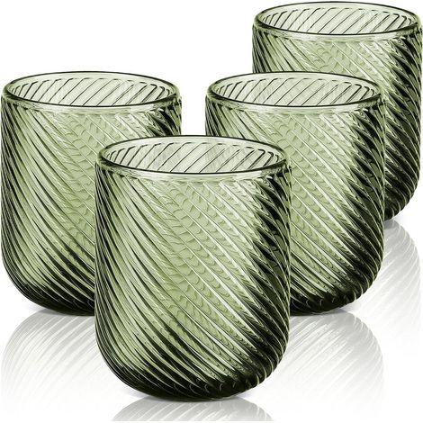 Set of 4 Green Drinking Glasses, 260 ml Colourful Juice and Soda Glasses, Modern Design Water Glasses in Striated Relief, Table Glass for Sparkling Water, Orange, Appetizers and Beer, Dishwasher Safe (1/5)