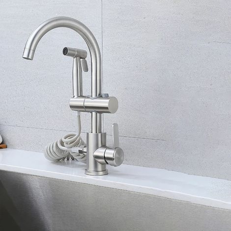 (Ensemble de robinetterie Style2) Robinet d'évier de cuisine avec douchette latérale, mitigeur eau chaude/froide, robinets rotatifs, douchette à double jet pour laver la vaisselle (1/5)