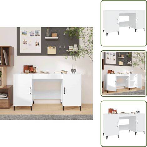 The Living Store Scrivania Bianco Lucido 140x50x75 cm in Legno Multistrato - Scrivania da ufficio
