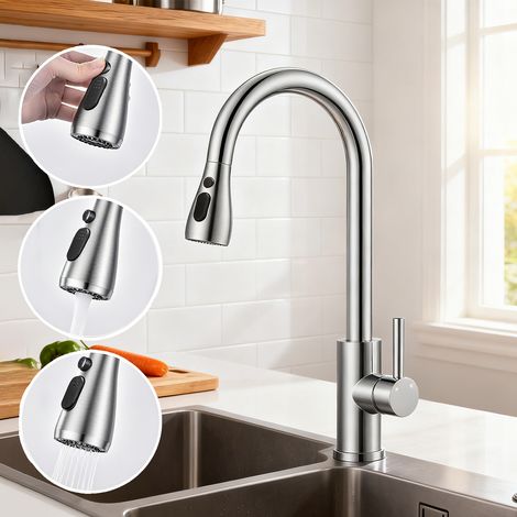 Aica Sanitaire – Robinet de cuisine extractible 360° – 2 modes débit – Acier inoxydable 304 – Cartouche céramique 35mm – Tuyaux flexibles G3/8" 700mm (1/5)