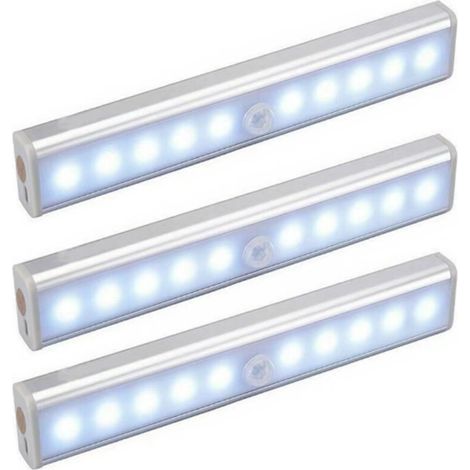 Lot de 3 Lampes 10 LED, Sans Fil, Rechargeable par USB, Aimanté, Détecteur de Mouvement, Portable. Lumière de Placard, Baladeuse de Secours, Veilleuse Enfant, Appoint (1/5)
