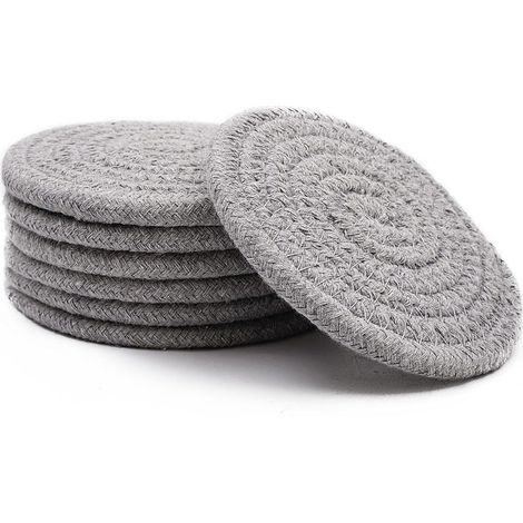 Dessous de verre absorbants tressés à la main, lot de 6 (11 cm de diamètre, 8 mm d'épaisseur), gris. Super absorbants et résistants à la chaleur. Idéal comme cadeau de pendaison de crémaillère. (1/5)